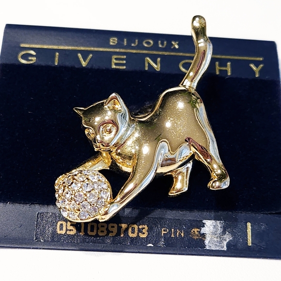 Givenchy Cat Kitten Brooch Pin Vintage NWT Gold Tone Swarovski Crystals - Picture 7 of 15